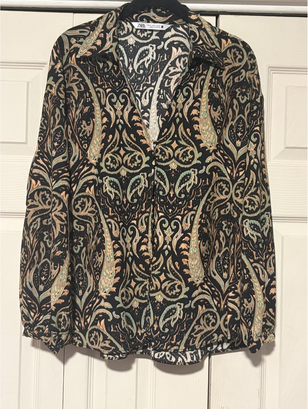 Zara Paisley Button Down Blouse Black Sage Green Boho Western Cottagecore Size M